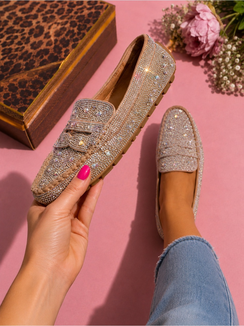 NIB RHINESTONE Embellished Beige moccasin for Women